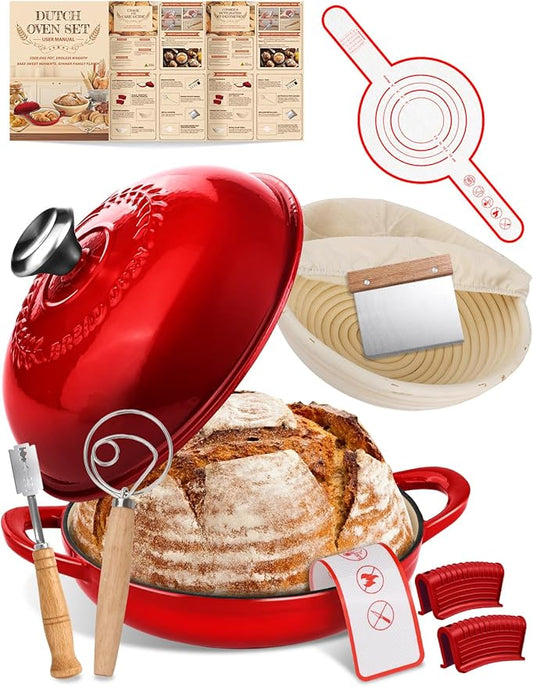 Dutch Oven Bread Baking Pot with Lid 6QT Enameled Cast Iron Oven, Gradient Red Design & Complete Sourdough Kit (Banneton Basket, Dough Tools, Silicone Sling) for Artisan Bread Making