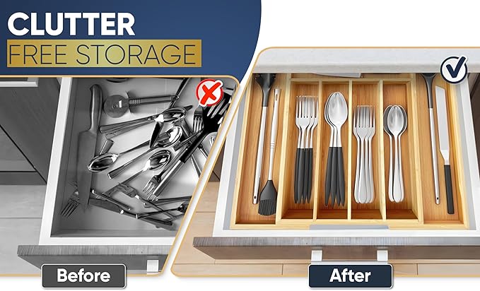 Expandable Bamboo Silverware Organizer Utensil Drawer Organizer Kitchen Utensil Organizer Cutlery Drawer Organizer 5-7 Slot Flatware Organizer For Drawers Gift Box 10-15 inch Length 14 Inch Height