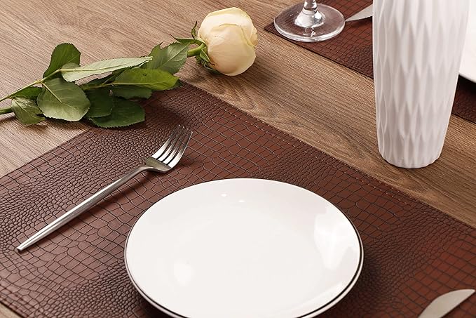 Faux Leather Hardboard Placemats, Set of 6 PU Table Mats, Easy to Clean, Heat & Stain Resistant for Office Conference Table, Dining Home Decor, Brown
