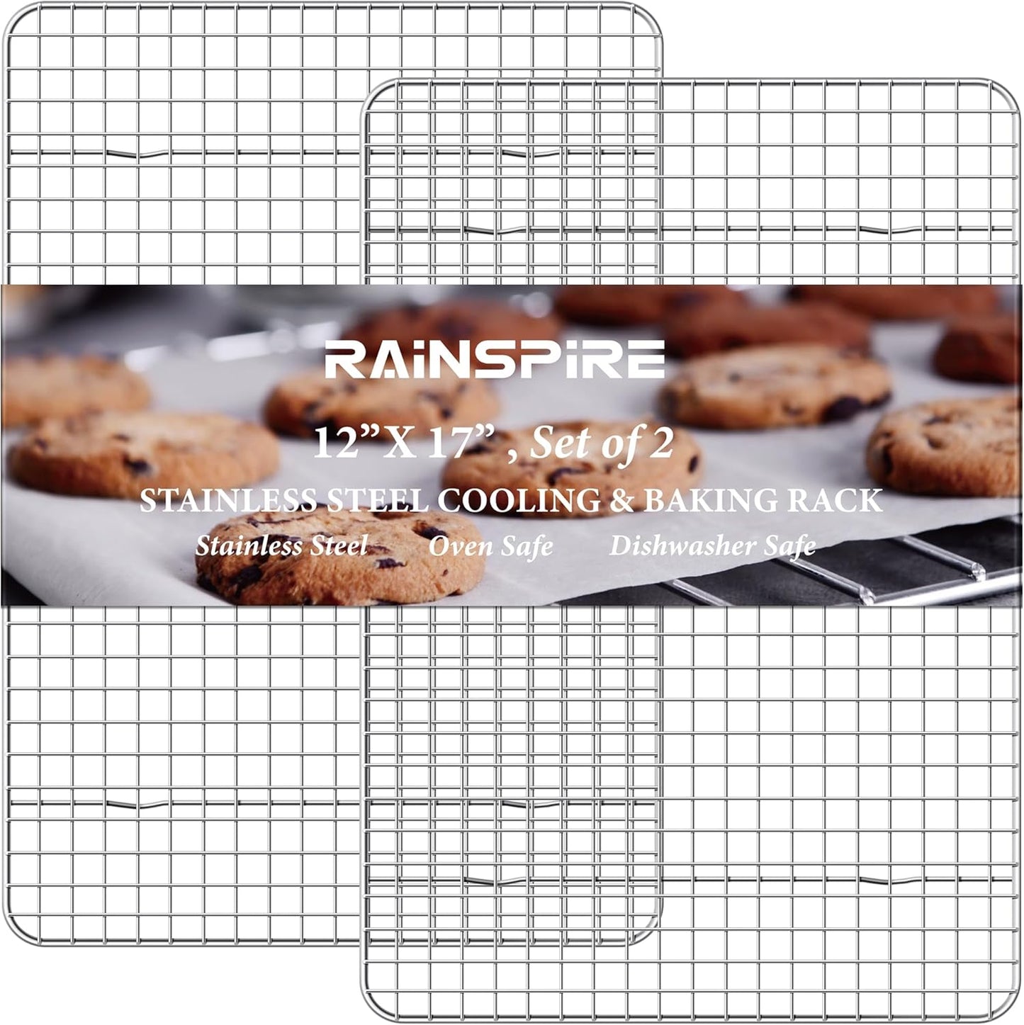 Rainspire Cooling Rack Stainless Steel, Heavy Duty Cooling Racks for Cooking and Baking, Oven Safe Wire Rack for Cooking, Baking Rack for Oven Cooking Fits Half Sheet Cookie Pan, 12" x 17", 2-Pack