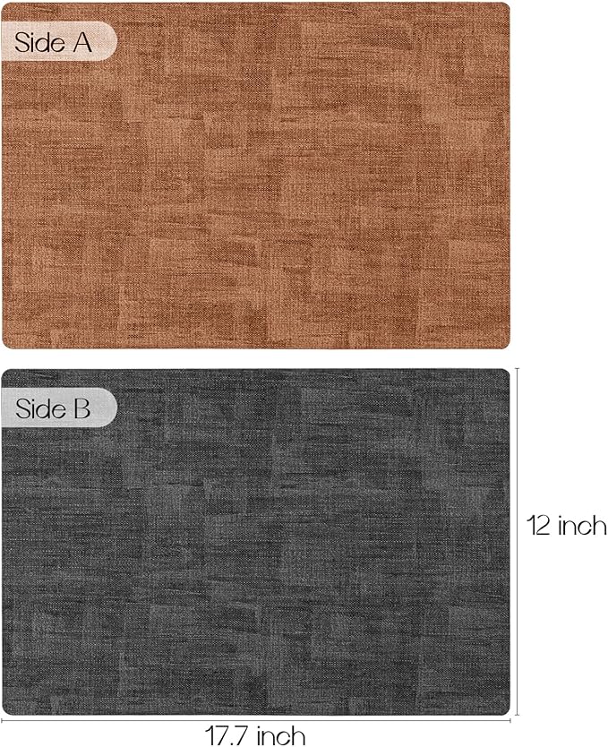 Romanstile Reversible Vinyl Placemats Set of 8, Faux Leather 100% Waterproof Oil-Proof Wipeable Place Mats, Heat Resistant Dual Sided Table Mats for Kitchen/Dining/Party (Grey Orange, 12 x 17 Inch)