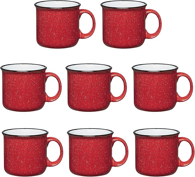 Set of 8 Ceramic Campfire Mugs – 15 Oz, Red – Coffee & Tea Cups for Home, Work, Travel, Camping – Customizable, Great for DIY, Events, Companies