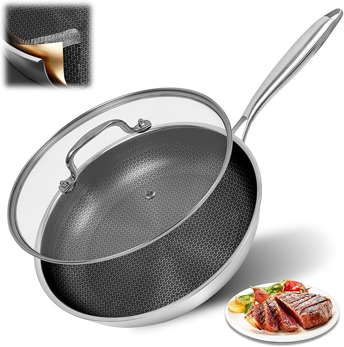 12 Inch Hybrid Non Stick Frying Pans with Lid, Nonstick 12-Inch Frying Pan, 3-Ply Stainless Steel Frying Pan, Stay-Cool Handle, Oven & Dishwasher Safe, Induction Compatible All Cooktop