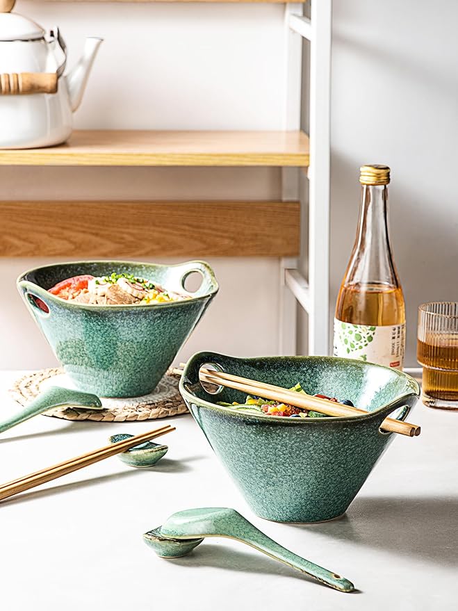 HENXFEN LEAD Japanese Ramen Noodle Bowl Set of 2-30 Oz Large Porcelain Salad Bowls with Chopsticks, Soup Spoons and Rests, Kitchen Serving Dishes for Pho, Udon