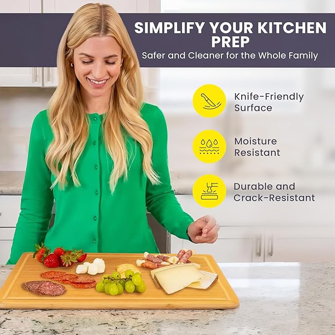 20 Inch Bamboo Wood Cutting Board Featuring Super-Sized Glue-Free Surface™ – Heavy Duty Butcher Block for Safe Meal Prep, Chopping & Carving with Lifetime Replacements - Rectangle