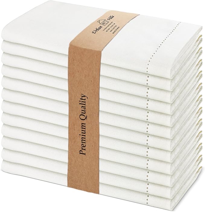 Urban Villa Cloth Napkins Ivory Hemstitch Dinner Napkins Set of 12 20X20 Inches 100% Cotton Absorbent Washable Durable Reusable Ideal for Farmhouse Party Thanksgiving Christmas Dinner Napkins