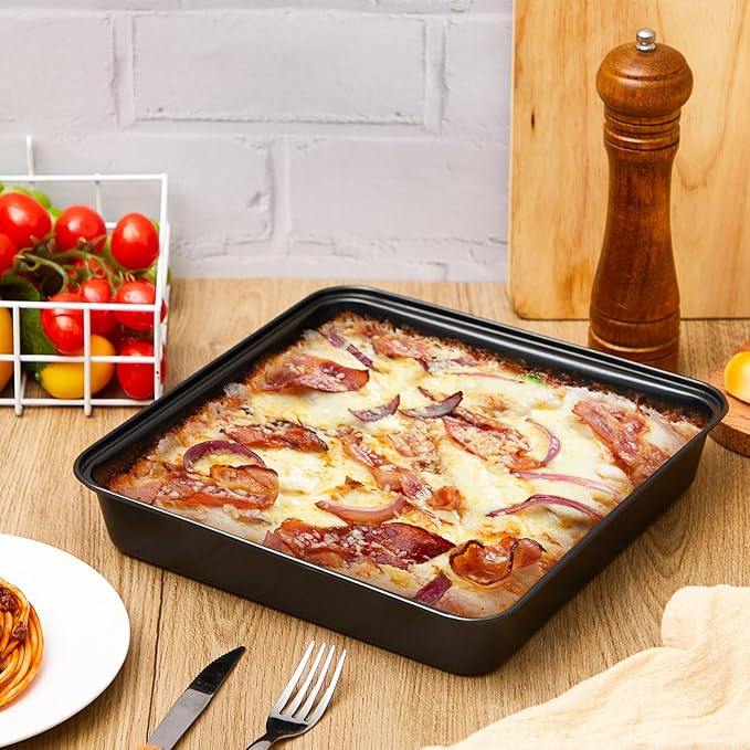 3 Pcs Detroit Style Pizza Pan 10 x 10 x 1.8 Inch Non Stick Rectangle Deep Pizza Pans Pre Seasoned Carbon Steel Sicilian Style Pan Dish Bakeware Kitchenware
