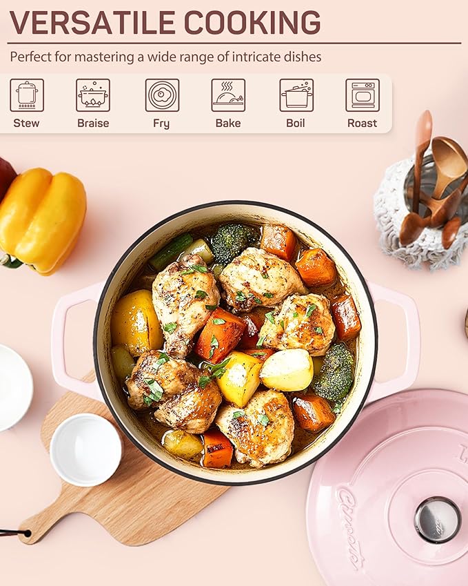 6 QT Dutch Oven Pot with Lid, Enameled Cast Iron Dutch Oven for Bread Making, Braiser, Cooking, Dual Handles, Oven Safe up to 500° F or on Stovetop, Gifts for Family - Pink