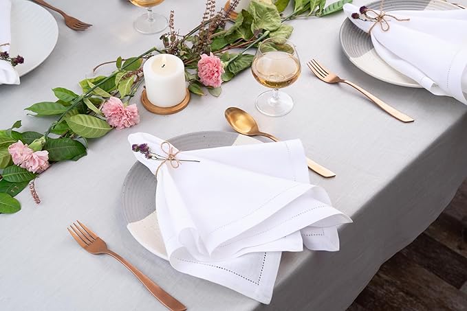 D'Moksha Homes White Linen Napkins Set of 4 - Classic Hemstitch 100% Pure Linen Hemstitch Dinner Napkins 20 x 20 Inch for Fall, Thanksgiving, Christmas, Holiday - Handcrafted and Machine Washable