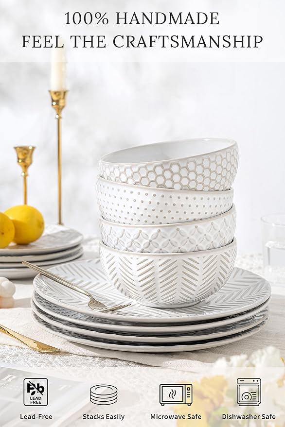 18 Piece Embossed Dinnerware Sets for 6, Scratch-Resistant Plates and Bowls Sets, Microwave & Dishwasher Safe, Elegant Stoneware for Family Gatherings – A Gift for Growing Households