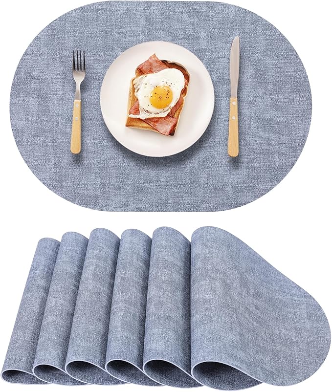 Leather Placemats Set of 6 Non Slip,Oval Blue Faux Leather Placemat Waterproof Reversible,Heat Resistant Wipeable Table Placemats for Dining Table,Modern Table Protectors
