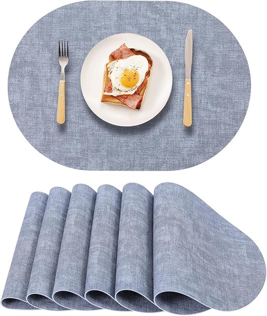 Leather Placemats Set of 6 Non Slip,Oval Blue Faux Leather Placemat Waterproof Reversible,Heat Resistant Wipeable Table Placemats for Dining Table,Modern Table Protectors