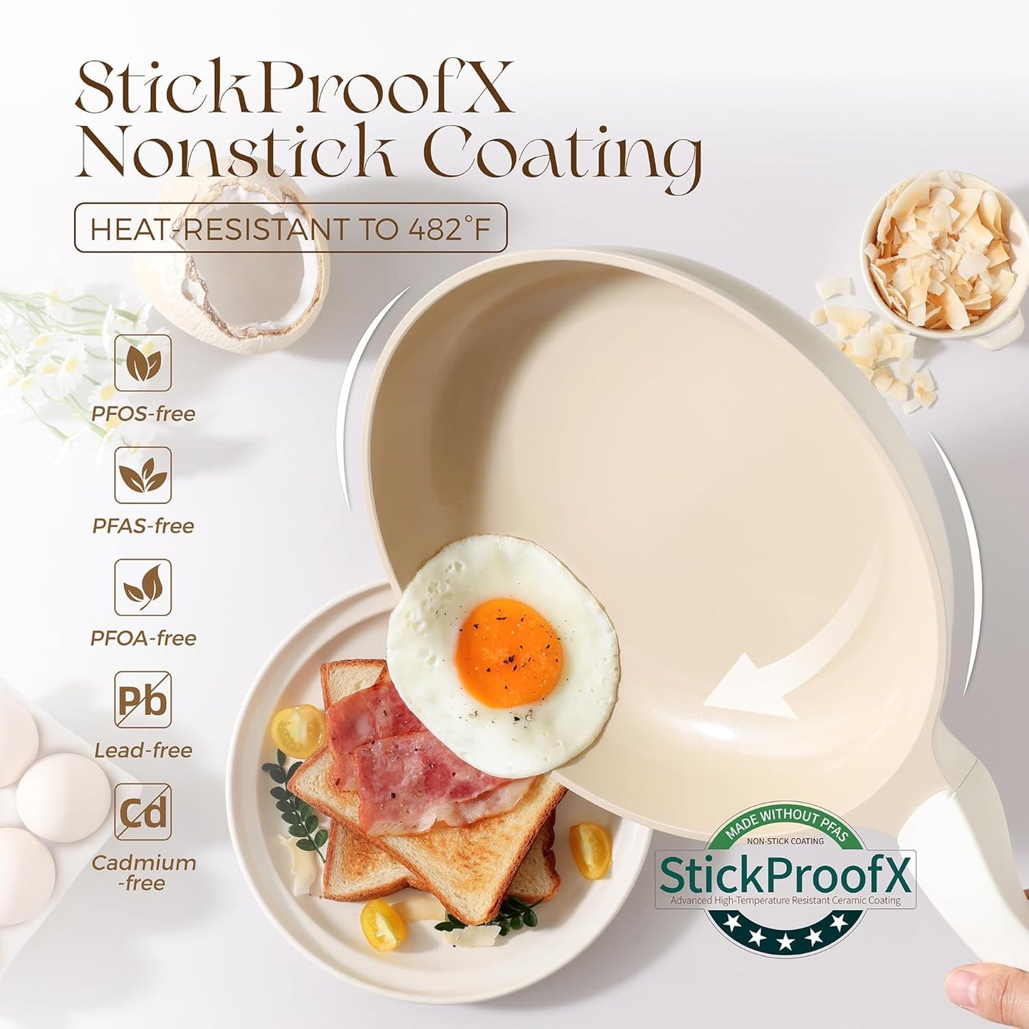 PRICUSIS Nonstick Ceramic Frying Pan with Lid, 8/10 Inch Skillet with Stay Cool Handle, Fully Coated, 100% Dishwasher Safe, Oven Safe, PTFE PFAS & PFOA Free (10 Inch, Coconut White