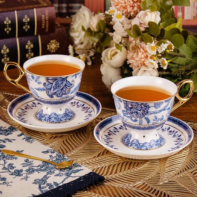 KAMMAK Tea Cups and Saucers Set of 2, Fine Bone China Coffee Cups, 8.5-Ounce Stackable Espresso Mugs, Ceramic Demitasse for Coffee, Cappuccino, Latte, Americano, Tea, Tall Navy