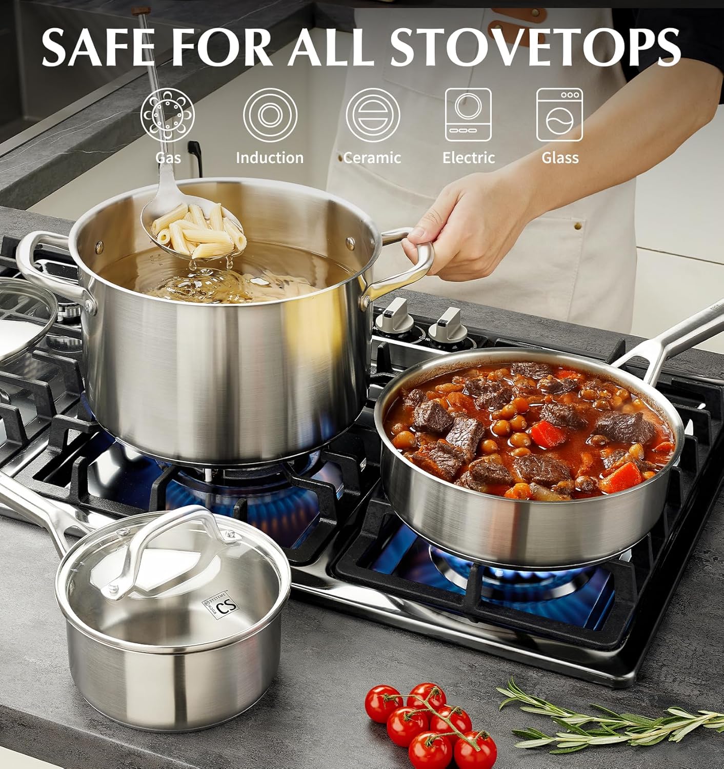 KOCH SYSTEME CS Stainless Steel Cookware Set 17 Piece, Professional 18/10 Stianless Steel Pots and Pans Set, 5-Layer Base, Oven & Induction Safe, Non-Toxic Kitchen Cookware Set for Family Cooking