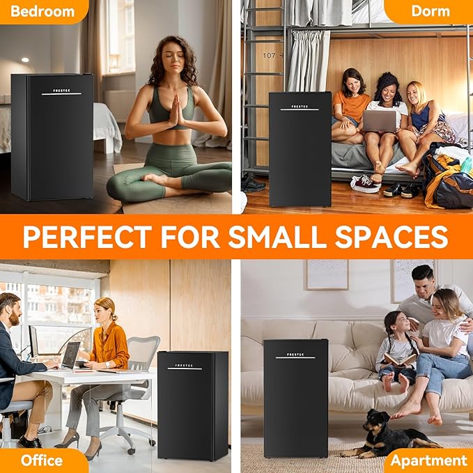 Frestec 3.2 Cu. Ft. Mini Fridge with Freezer Small Refrigerator, for Bedroom, Single Door, Energy Saving, Low Noise,for Office (black)
