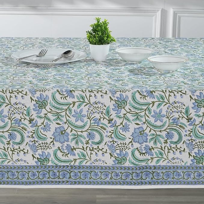Ridhi Columbia Blue Hand Block Print Cotton Rectangle Tablecloth 120 x 80 inches Reusable Table Cover Decorative Everyday Use for Dining Room, Farmhouse, Home, Party, Festive & Wedding, Fall