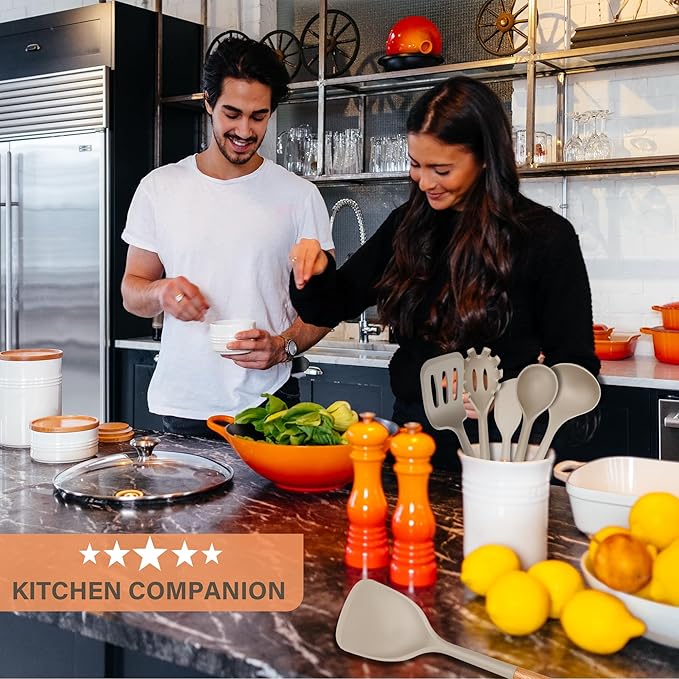 Silicone Cooking Utensils Set, Heat Resistance Large Kitchen Utensils Set with Long Wooden Handle, BPA-free Silicone Spatula, 6 Pcs Cooking Spoons for Non Stick Frying Pans and Pots(Khaki）