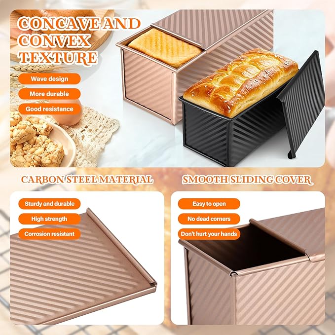 Pullman Loaf Pan Set with Lids – 2 Pack Nonstick Bread Pans for Baking, 2.2lb & 1lb Dough Capacity, Carbon Steel Sandwich Toast Mold for Shokupan, Pain de Mie & Sourdough with Baking Tools