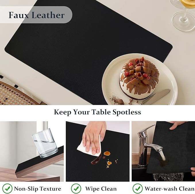 FROMHEART Faux Leather Placemats Set of 12–Waterproof,Heat/Oil Stain-Resistant PU Table Mat–Reversible,Non-Slip,Easy to Clean Place Mats for Kitchen,Dining,Indoor/Outdoor,(Black,11.8" x 17")