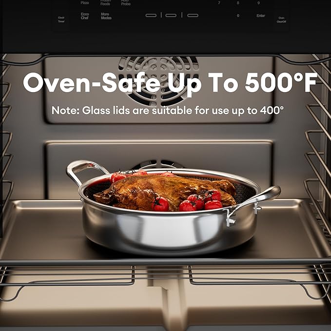 COOKER KING 5QT Stainless Steel Saute Pan with Lid, Hybrid Nonstick Deep Saute Pan, Chicken Fryer, Tri-Ply Clad Even Heat Distribution, Dishwasher-Friendly,Oven Safe to 500°F, Induction Compatible