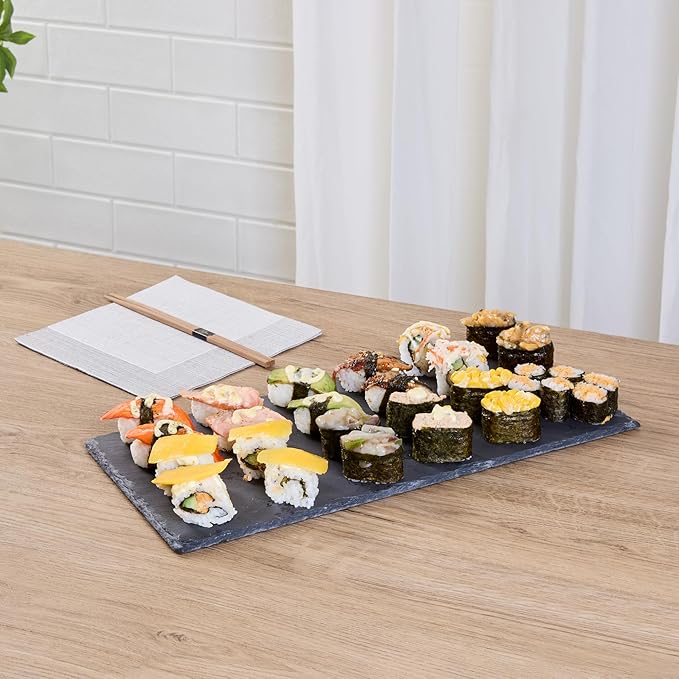 Restaurantware Slate Serving Tray 1 Pack of 15.7" x 7.8" Foam Feet Charcuterie Stone Plate Rustic Edges Freezable Black Serving Display Cheese Boards for Kitchen, Gourmet, Dining, Parties