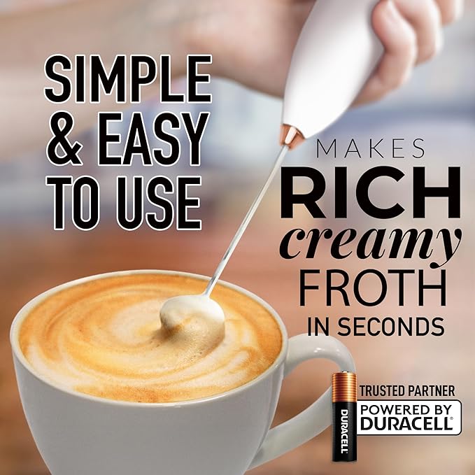 Zulay Kitchen Milk Frother Handheld Electric Whisk with AA Duracell Batteries – Durable Drink Mixer for Coffee, Lattes, Cappuccinos & More - White Rose Gold