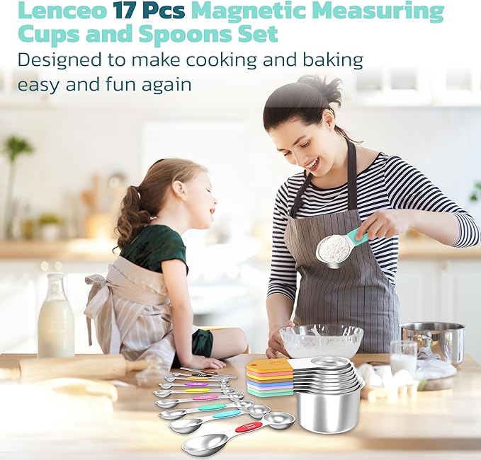 Magnetic Measuring Cups and Spoons Set of 17 - Stackable Stainless Steel Magnetic Measuring Spoons Set with Leveler - Dual Marking Scale Measuring Cup for Dry and Liquid Ingredients, Baking & Cooking