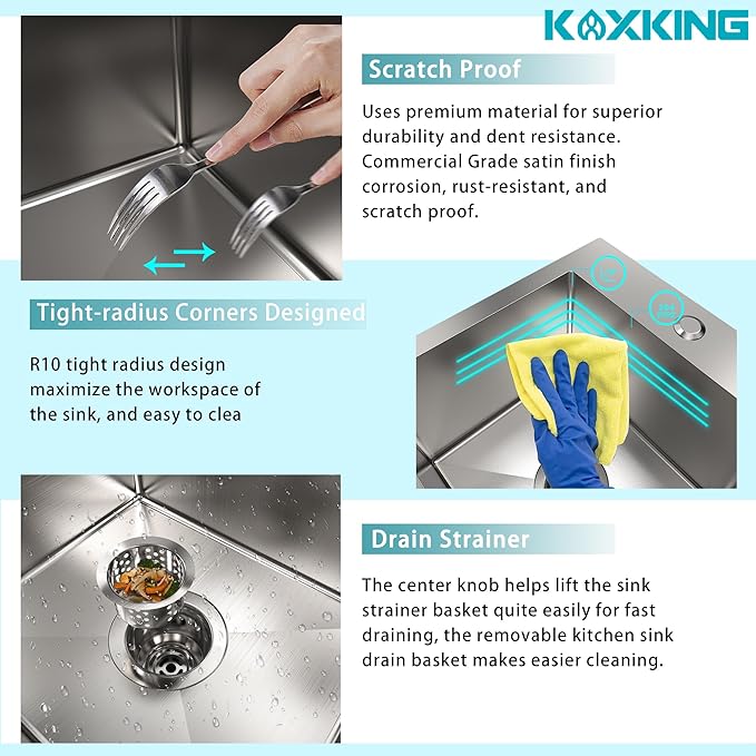 15x15 Inch Drop In Bar Sink, 18 Gauge 304 Stainless Steel Topmount Kitchen Sink for RV, Laundry, Office, Small Space with Basket Strainer & Grid