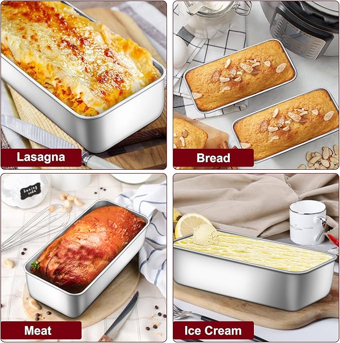 LIANYU 4 Pack 12 x 5 Inch Stainless Steel Loaf Pans, Large Bread Baking Pans Set for Lasagna, Meat, Cake, Brownies, Ice Cream, Healthy & Durable, Dishwasher & Freezer Safe