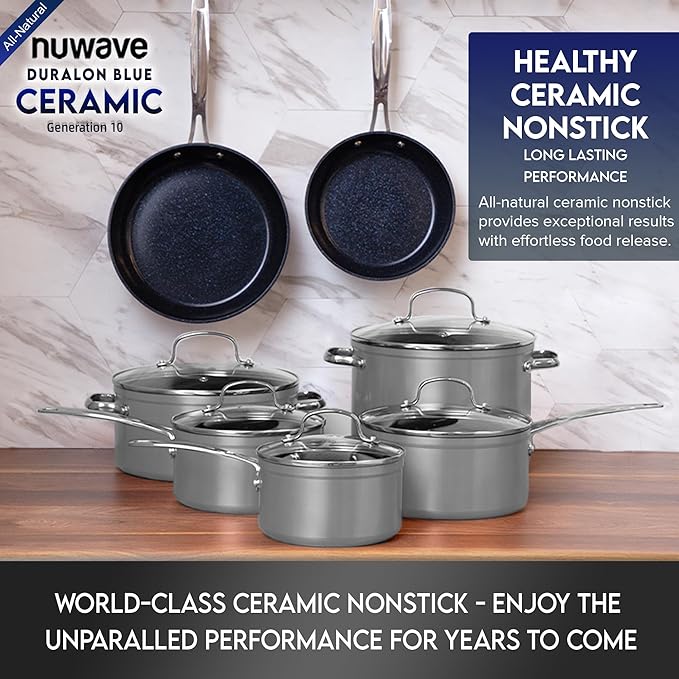 Nuwave Healthy Duralon Blue Ceramic Nonstick Cookware Set, Diamond Infused Scratch-Resistant, PFAS Free, Dishwasher & Oven Safe, Induction Ready & Evenly Heats, Tempered Glass Lids & Stay-Cool Handles