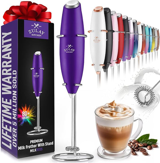Zulay Kitchen Powerful Milk Frother Wand - Ultra Fast Handheld Drink Mixer - Electric Whisk Foam Maker for Coffee, Lattes, Cappuccino, Frappe, Matcha & Coffee Creamer - Milk Boss Deep Purple