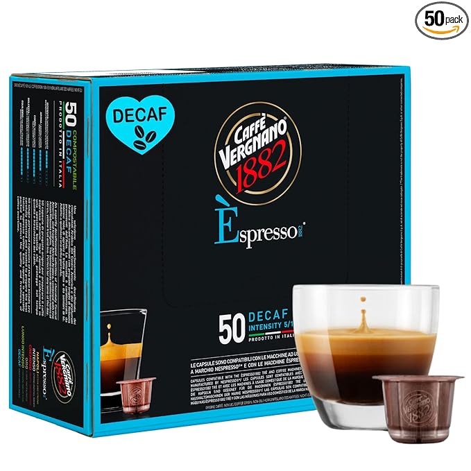 Caffe' Vergnano 1882 Decaf Medium Roast Espresso Original Line Machine Compatible Capsules, Arabica Robusta Espresso Coffee, Italian Coffee for Nespresso Machines, Intensity 5/10, Decaffeinato, 50 Ct