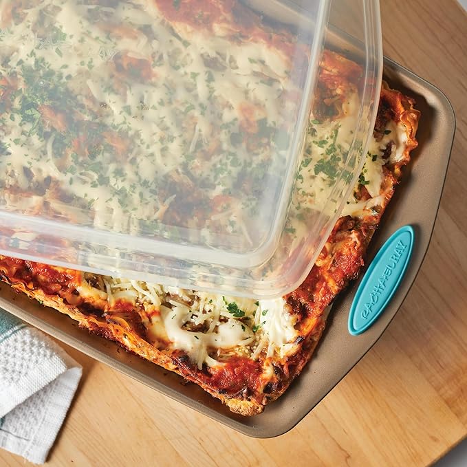 Rachael Ray 47578 Cucina Nonstick Bakeware Set with Grips Includes Nonstick Bread Pan, Baking Sheet, Cookie Sheet, Baking Pans, Cake Pan and Muffin Pan - 10 Piece, Latte Brown with Agave Blue Grips