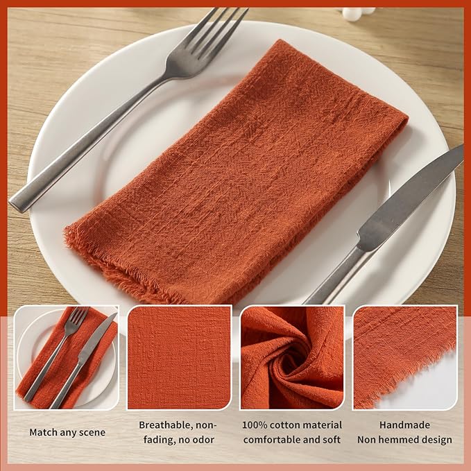 Handmade Cloth Napkins with Fringe, 100% Cotton Napkins, Delicate Handmade Linen Napkins for Dinners, Parties, Weddings and More, 17 x 17 Inch Set of 12 - Orange