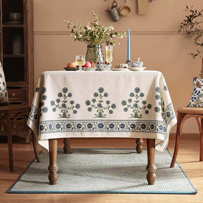patdrea Designer Blue Tablecloth for Square Tables,Vintage Linen with Leaves and Flowers Pattern Tablecloths,Farmhouse Floral Table Cover Cloth Decor for Kitchen Dining Christmas,67"*67"