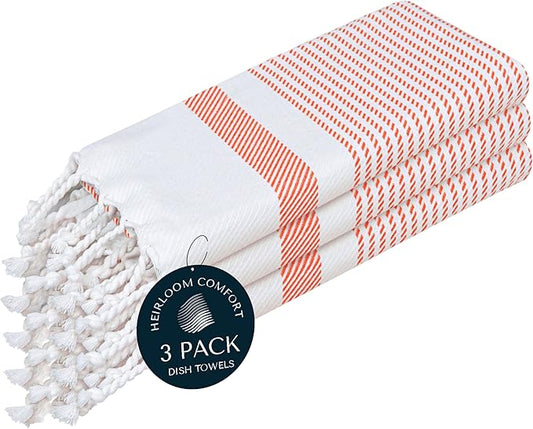 Orange Turkish Kitchen Towels 16x26 Inch, 3 Pack, 100% Cotton, Ultra Absorbent, Soft, Fast Dry, Machine Washable, Dish Towel with Tassels for Drying Dishes, Cleaning, Everyday Use