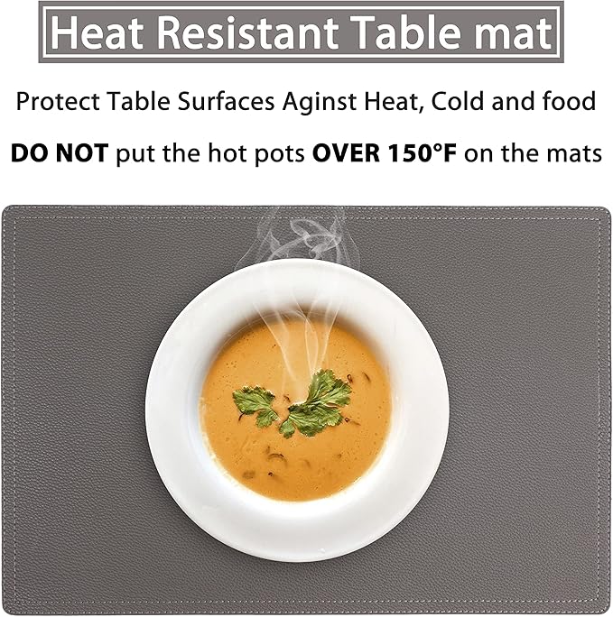 Set of 6 Faux Leather Placemats, PU Table Mats, Waterproof, Stain Resistant, Heat Resistant, Non-Slip Easy to Clean for Kitchen Dining Table,Conference Table C Grey Rectangle