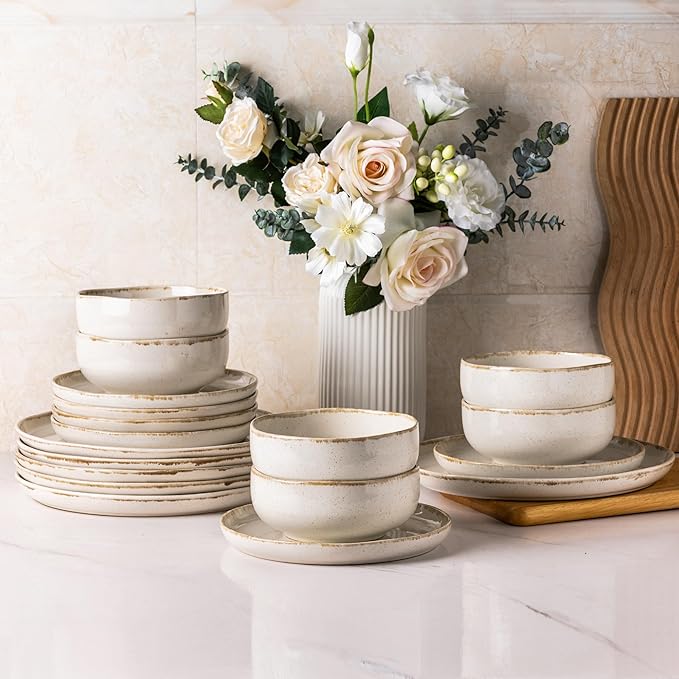 AmorArc Ceramic Dinnerware Sets, Wavy Rim Stoneware Plates and Bowls Sets, Highly Scratch Resistant | Dishwasher & Microwave Dishes set, Service for 6 (18pc)-Speckled Cappuccino