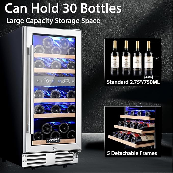 BODEGA 15 Inch Wine Fridge Dual Zone, 30 Bottle, Black Under Counter Freestanding Wine Cooler For Home and Kitchen, with Double-Layer Glass Door, Digital Temperature Control and Temperature Memory.