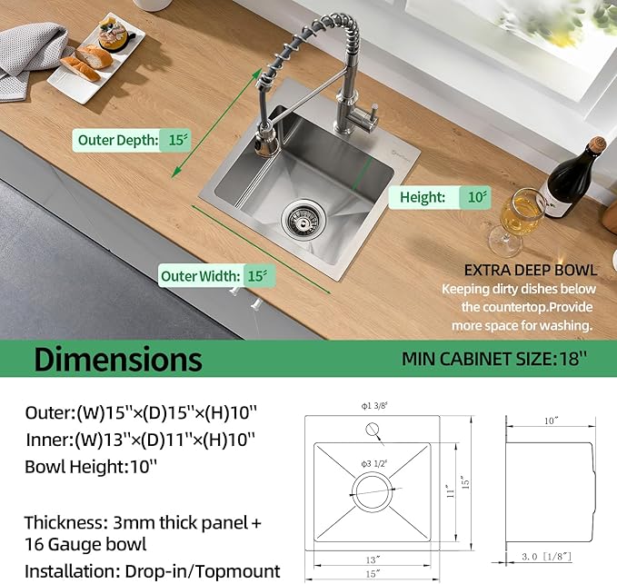 Drop In Kitchen Sink, 15 x 15 x 10 Inch 16 Gauge Single Bowl Topmount Wet Bar Sink T-304 Stainless Steel RV Kitchen Sinks