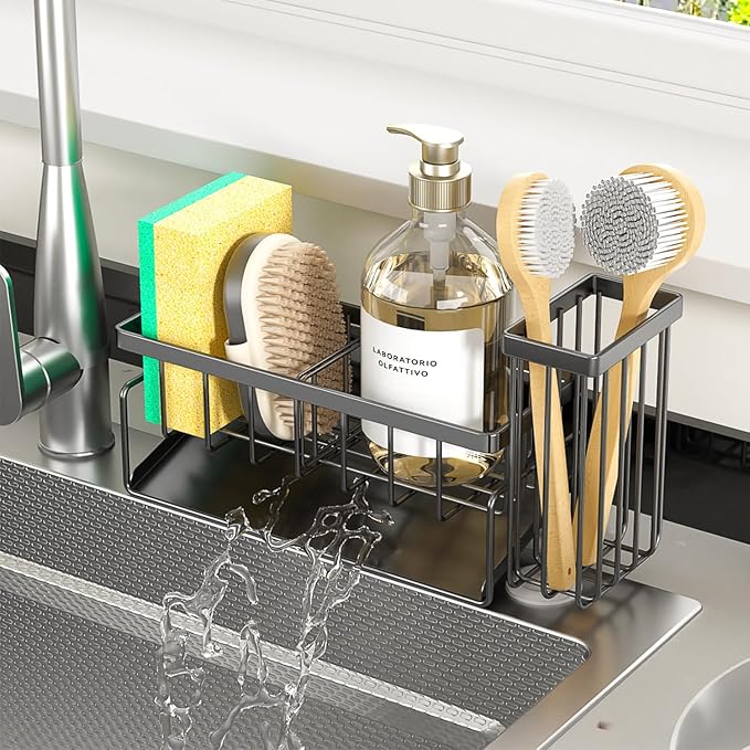 Sponge Holder & Sink Caddy Organizer - Rustproof Kitchen Sink Organizer with High Brush Holder - Kitchen Essentials Countertop Storage for Sponges, Scrubbers (Space Grey)