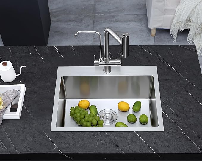 MENATT 21 Inch Drop in Kitchen Sink Brushed Nickel, 18 Gauge Stainless Steel 1 Faucet Hole Single Bowl Kitchen Sink Topmount 9 inch Deep Basin Bowl with Drain Strainer, D21"xW18"xH9"