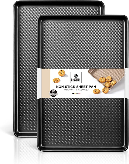 HONGBAKE 2 Pack Jelly Roll Pan Set 15x10, Cookie Sheets for Baking with Diamond Texture, Baking Sheets Non Stick, Non Toxic Oven Trays for Cooking, Heavy Duty 57% Thicker Carbon Steel, Dark Gray