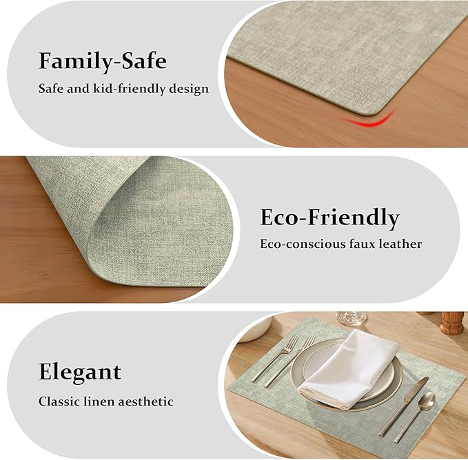 FROMHEART Faux Leather Placemats Set of 12–Waterproof,Heat/Oil Stain-Resistant PU Table Mat–Reversible,Non-Slip,Easy to Clean Place Mats for Kitchen,Dining,Indoor/Outdoor,(Light Green,11.8" x 17")