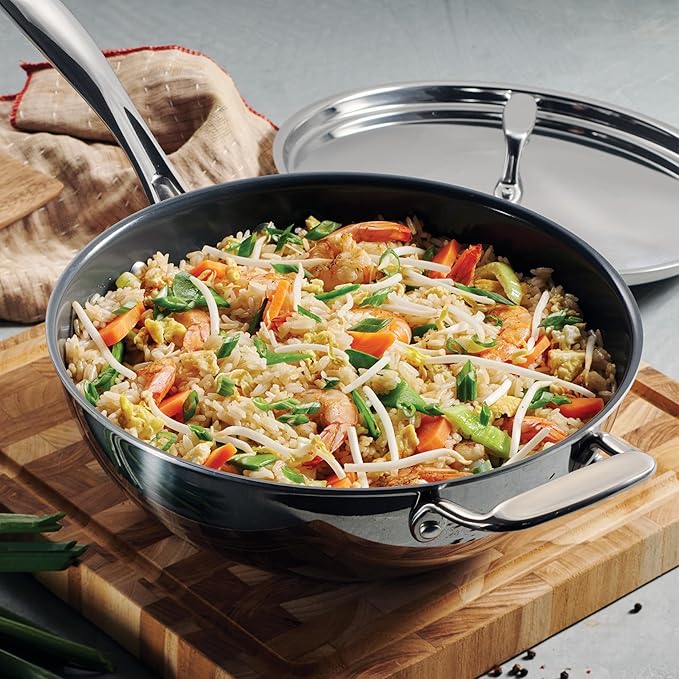 Tramontina Utsava Tri-Ply Clad Stainless Steel 3.75-Quart Wok with Lid and Ceramic Non Stick Interior, Induction-Ready Cooking Pan