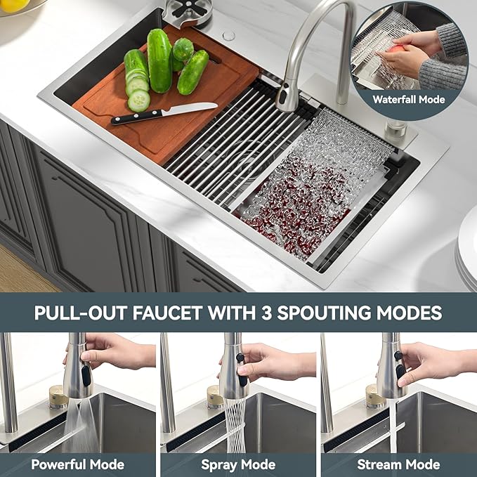 Lordear Waterfall Kitchen Sink 33x19 Inch Drop In Kitchen Sink T304 16 Gauge Stainless Steel Single Bowl Ledge Worktation Kitchen Sinks Handmade Deep Basin, 33"x19"x9"