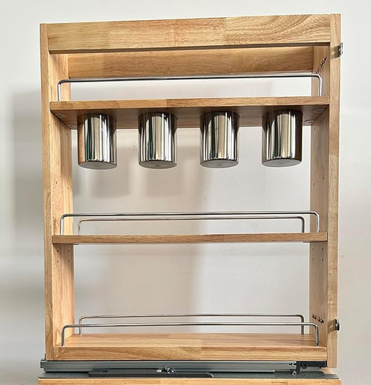 DINDON Pull Out Spice Rack Cabinet Organizer, (5" W x 21.9" D x 25.2" H) Multi-Use Soild Wood Pull Out Cabinet Organizer With 4 Movable Stainless Steel Cutlery Storage Buckets for Kitchen Organization