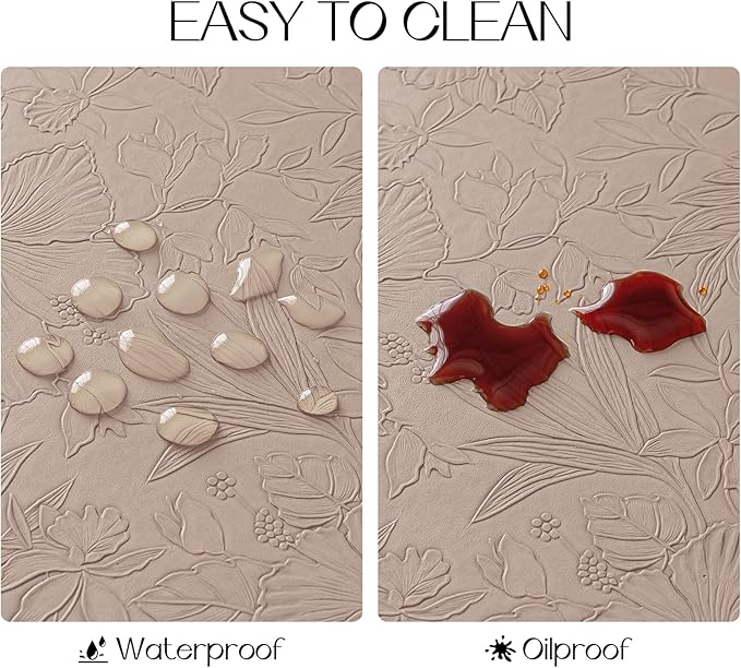 Romanstile Vinyl Placemats Set of 6-12 X 18 Inch - Heat Resistant Non-Slip Embossed Floral Place Mats 100% Waterproof Oilproof Wipeable Faux Leather Table Mats for Kitchen/Dining/Party, Khaki