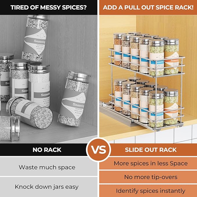 Pull Out Spice Rack Organizer for Cabinet, Slide Out Spice Racks, Easy to Install, 4.0''Wx10.35''Dx8.26''H, 1 Drawer 2 Tiers(Silver)